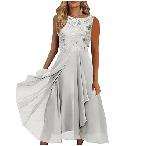 Weißes Kleid Kleid Midi Kleider Lang Rundhals Ärmellos Blumen Bedruckt Chiffon Kleid Plissiertes Spitzenkleid Elegant Tunika Kleid A Line Brautjungferkleid Kleid Sommer (Weiß L) von RMBLYfeiye