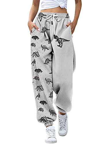 RMCMS Damen-Jogginghose mit niedlichem Dinosaurier-Motiv, hohe Taille, Lounge-Jogginghose mit Taschen, GRAU, XX-Large von RMCMS