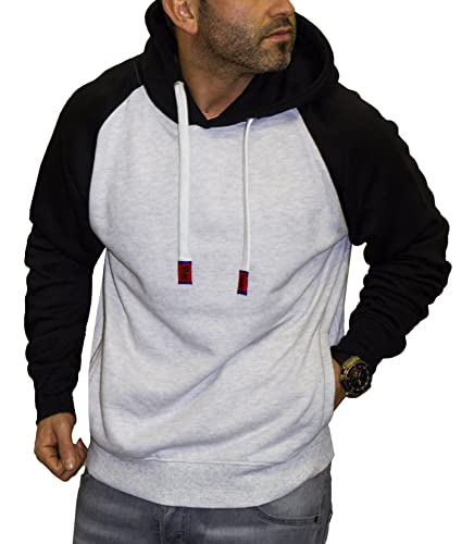 RMK Herren Basic Kapuzenpullover Sweatjacke Pullover Uni Hoodie mit Kapuze Sweatshirt P.04 Grau-Schwarz L von RMK