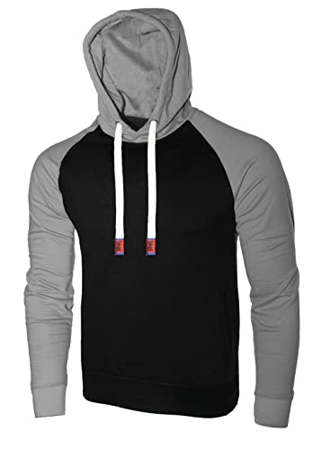 RMK Herren Basic Kapuzenpullover Sweatjacke Pullover Uni Hoodie mit Kapuze Sweatshirt P.04 Schwarz-Grau XXL von RMK