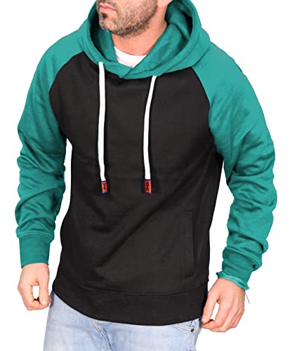 RMK Herren Basic Kapuzenpullover Sweatjacke Pullover Uni Hoodie mit Kapuze Sweatshirt P.04 Schwarz-Petrol L von RMK