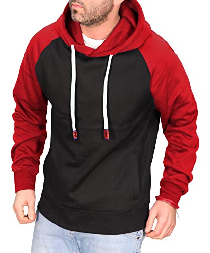 RMK Herren Basic Kapuzenpullover Sweatjacke Pullover Uni Hoodie mit Kapuze Sweatshirt P.04 Schwarz-Rot S von RMK