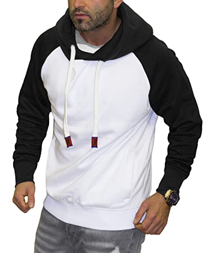 RMK Herren Basic Kapuzenpullover Sweatjacke Pullover Uni Hoodie mit Kapuze Sweatshirt P.04 Weiß-Schwarz S von RMK