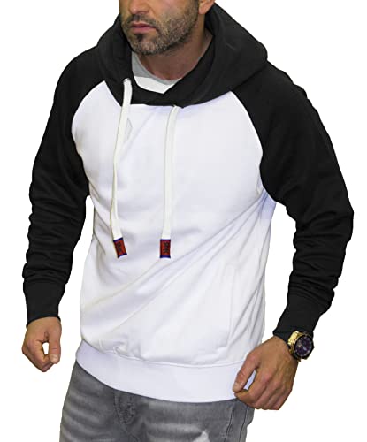 RMK Herren Basic Kapuzenpullover Sweatjacke Pullover Uni Hoodie mit Kapuze Sweatshirt P.04 Weiß-Schwarz XS von RMK