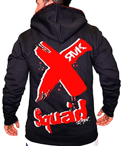 RMK Herren Basic Kapuzenpullover Sweatjacke Pullover Uni Hoodie mit Kapuze Sweatshirt P.513 Schwarz-Rot/Weiß XS von RMK