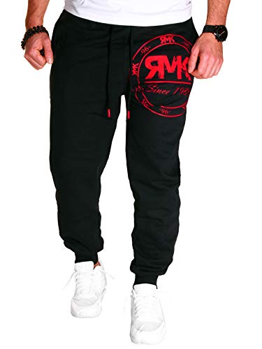 RMK Herren Hose Jogginghose Trainingshose Sporthose Fitnesshose Sweatpants Uni Einfarbig H.08 (3XL, Schwarz-Rot) von RMK