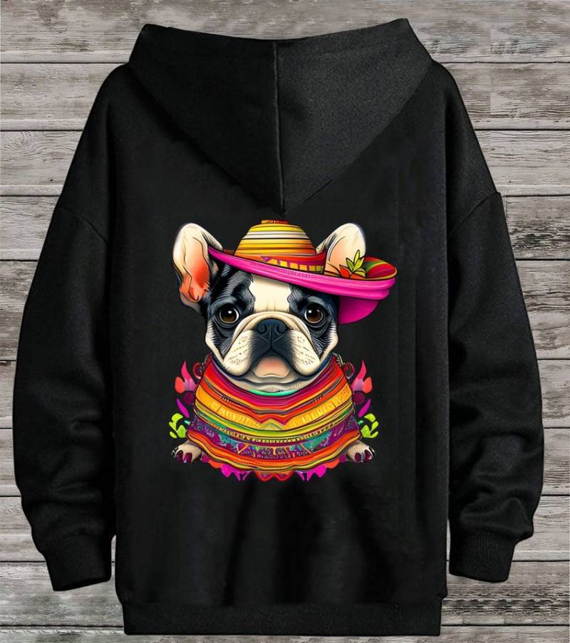 RMK Hoodie Damen Pullover Basic Pulli Kapuzenpullover Seitentaschen Hund Mexico Französische Bulldogge Print von RMK