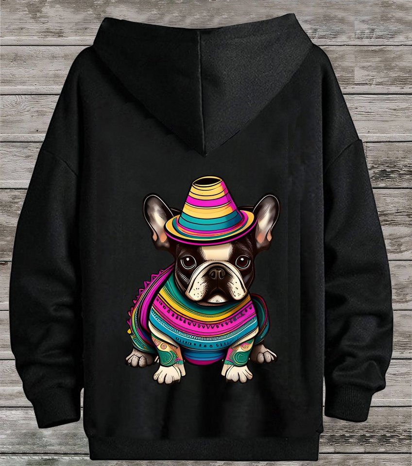 RMK Hoodie Damen Pullover Basic Pulli Kapuzenpullover Seitentaschen Hund Mexico Französische Bulldogge Print von RMK