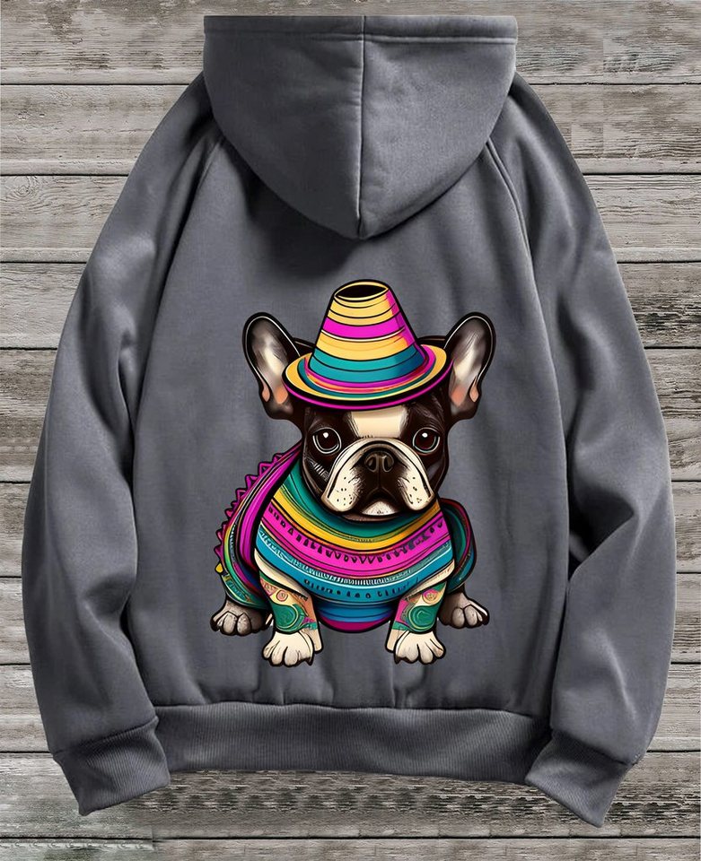 RMK Hoodie Damen Pullover Basic Pulli Kapuzenpullover Seitentaschen Hund Mexico Französische Bulldogge Print von RMK