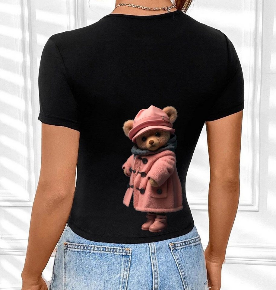 RMK Kurzarmshirt Damen T-Shirt kurzarm Top Sommer Rundhals süßer Teddybär Bär Brille aus Baumwolle, mit lizenziertem Originaldesign von RMK