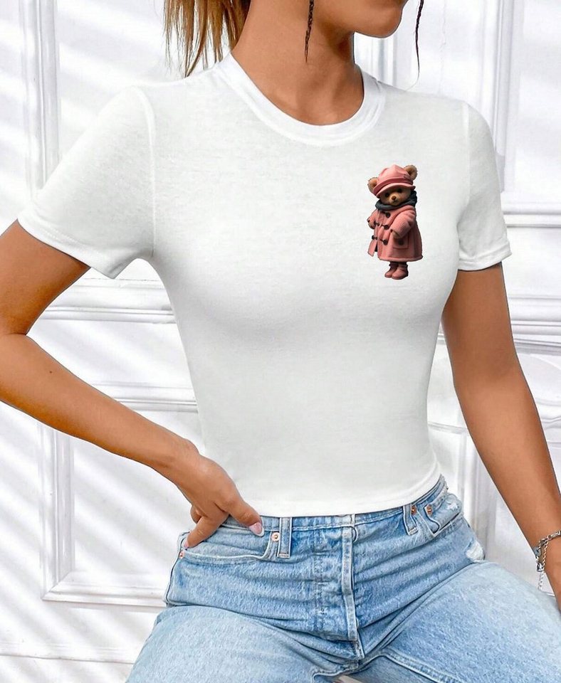 RMK Kurzarmshirt Damen T-Shirt kurzarm Top Sommer Rundhals süßer Teddybär Bär Brille aus Baumwolle, mit lizenziertem Originaldesign von RMK