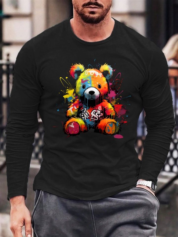 RMK Langarmshirt Herren Langarmshirt Rundhals Basic Teddybär Bär aus Baumwolle, mit lizenziertem Print von RMK