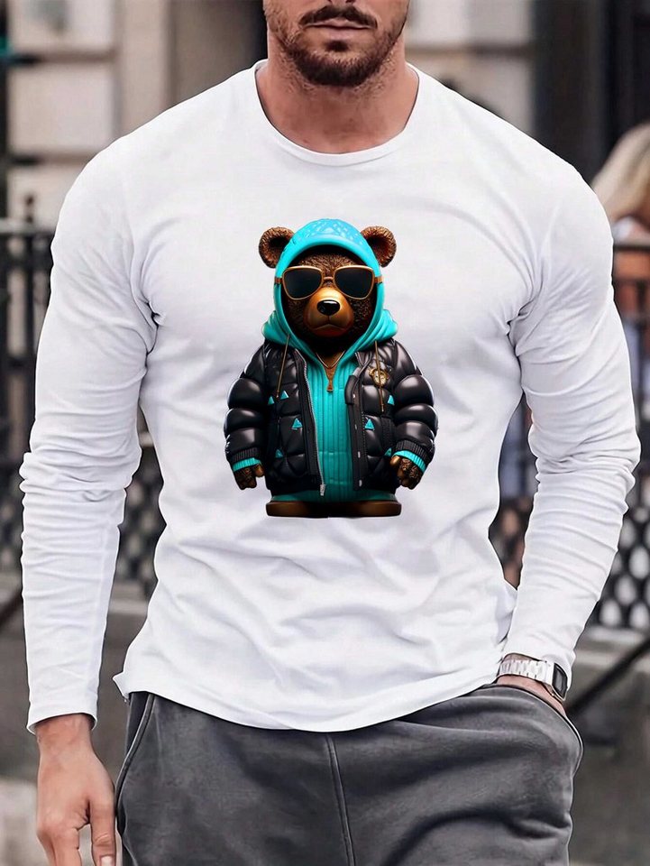 RMK Langarmshirt Herren Longsleeve T-Shirt Langarm Rundhals Basic Gangster Teddybär aus Baumwolle von RMK