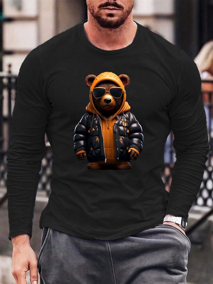 RMK Langarmshirt Herren Longsleeve T-Shirt Langarm Rundhals Basic Gangster Teddybär aus Baumwolle von RMK