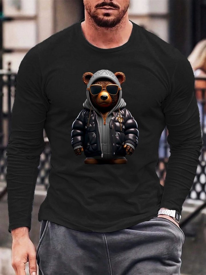 RMK Langarmshirt Herren Longsleeve T-Shirt Langarm Rundhals Basic Gangster Teddybär aus Baumwolle von RMK