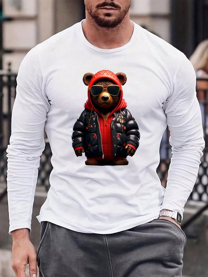 RMK Langarmshirt Herren Longsleeve T-Shirt Langarm Rundhals Basic Gangster Teddybär aus Baumwolle von RMK