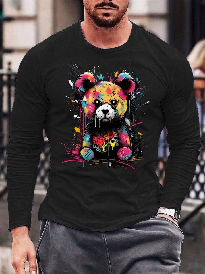 RMK Langarmshirt Herren Longsleeve Rundhals Basic Teddybär Bär aus Baumwolle, mit lizenziertem Print von RMK