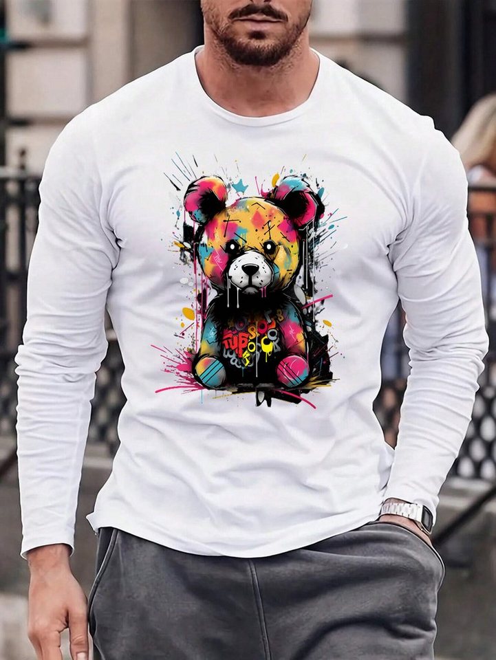 RMK Langarmshirt Herren Longsleeve Rundhals Basic Teddybär Bär aus Baumwolle, mit lizenziertem Print von RMK