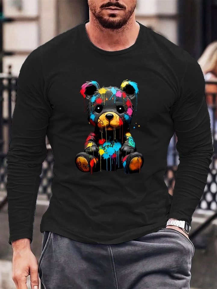 RMK Langarmshirt Herren Longsleeve Rundhals Basic Teddybär Bär aus Baumwolle, mit lizenziertem Print von RMK