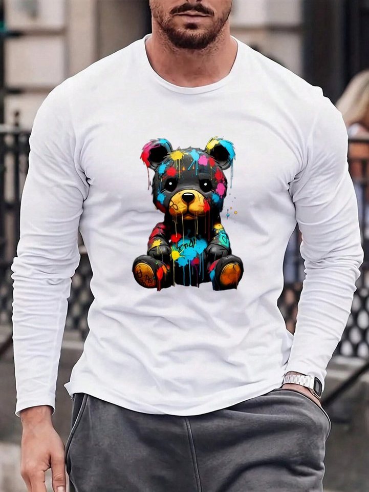RMK Langarmshirt Herren Longsleeve Rundhals Basic Teddybär Bär aus Baumwolle, mit lizenziertem Print von RMK