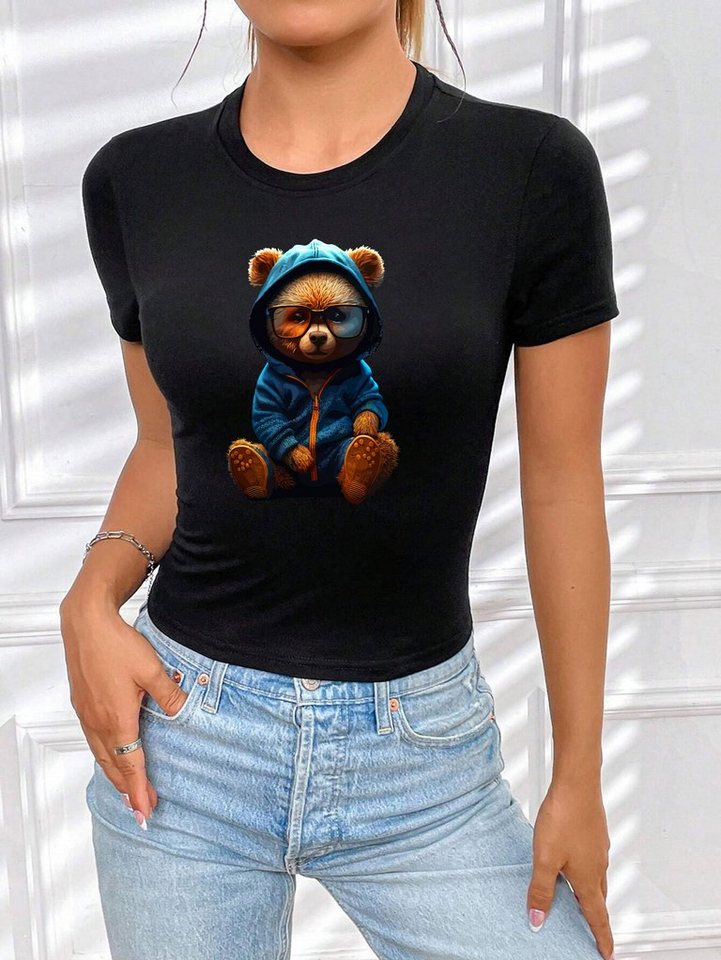 RMK Print-Shirt Damen T-Shirt Top Sommer Rundhals süßer Teddybär Bär Brille mit lizenziertem Originaldesign, aus Baumwolle, Unifarbe von RMK