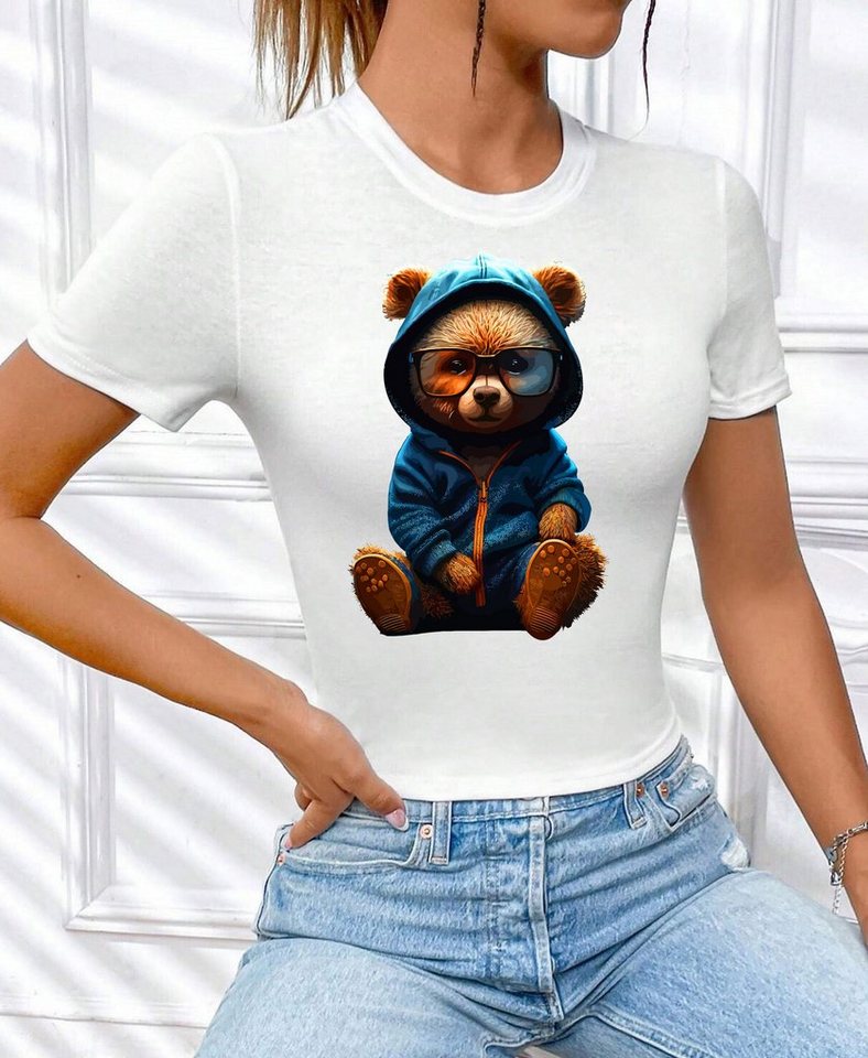 RMK Print-Shirt Damen T-Shirt Top Sommer Rundhals süßer Teddybär Bär Brille mit lizenziertem Originaldesign, aus Baumwolle, Unifarbe von RMK