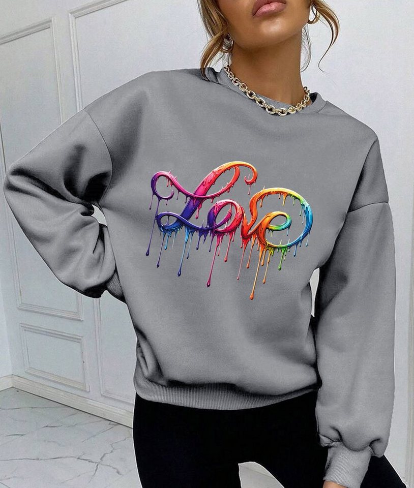 RMK Rundhalspullover Damen Pulli Pullover Hoodie Longsleeve Oversize Loose Fit Liebe mit Love" Print, Rundhals Ausschnitt" von RMK