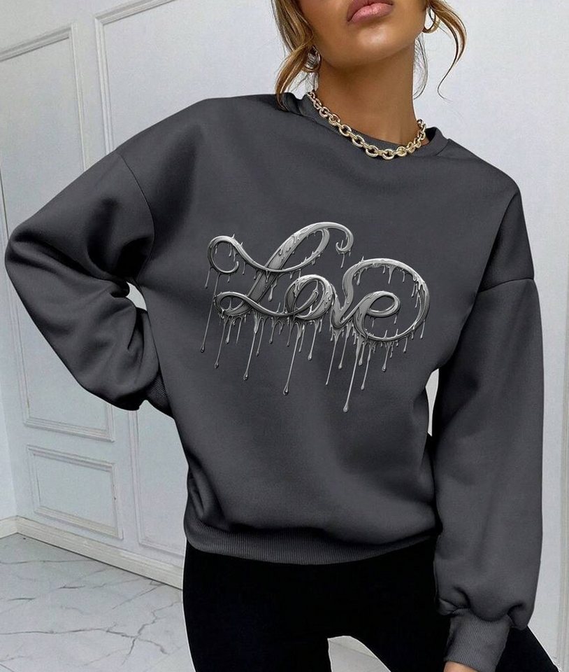 RMK Rundhalspullover Damen Pulli Pullover Hoodie Longsleeve Oversize Loose Fit Liebe mit Love" Print, Rundhals Ausschnitt" von RMK