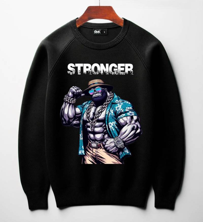 RMK Rundhalspullover Herren Pullover Langarmshirt Sweatshirt Pulli Oversize Gym "Stronger" Fitness Gorilla Muskel Print von RMK