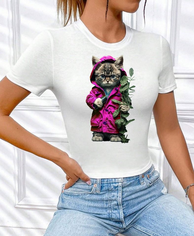 RMK T-Shirt Damen Shirt Top kurzarm Freizeit Rundhals Blume Garten Cat Katze" in Unifarbe, aus Baumwolle, mit lizenziertem Print" von RMK