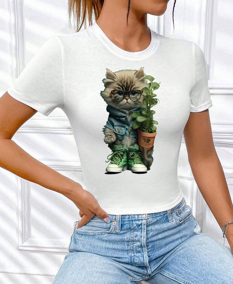 RMK T-Shirt Damen Shirt Top kurzarm Freizeit Rundhals Blume Garten Cat Katze" in Unifarbe, aus Baumwolle, mit lizenziertem Print" von RMK