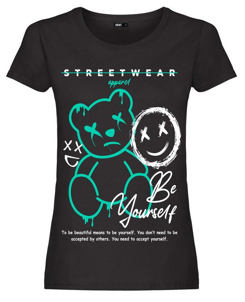 RMK T-Shirt Damen Shirt kurzarm Rundhalsshirt mit modischem Frontdruck "Teddy Bär" von RMK