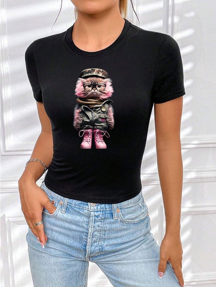 RMK T-Shirt Damen Shirt mit Print kurzarm Rundhalsshirt coole Katzen Cat Motive aus Baumwolle, mit lizenziertem Originaldesign von RMK