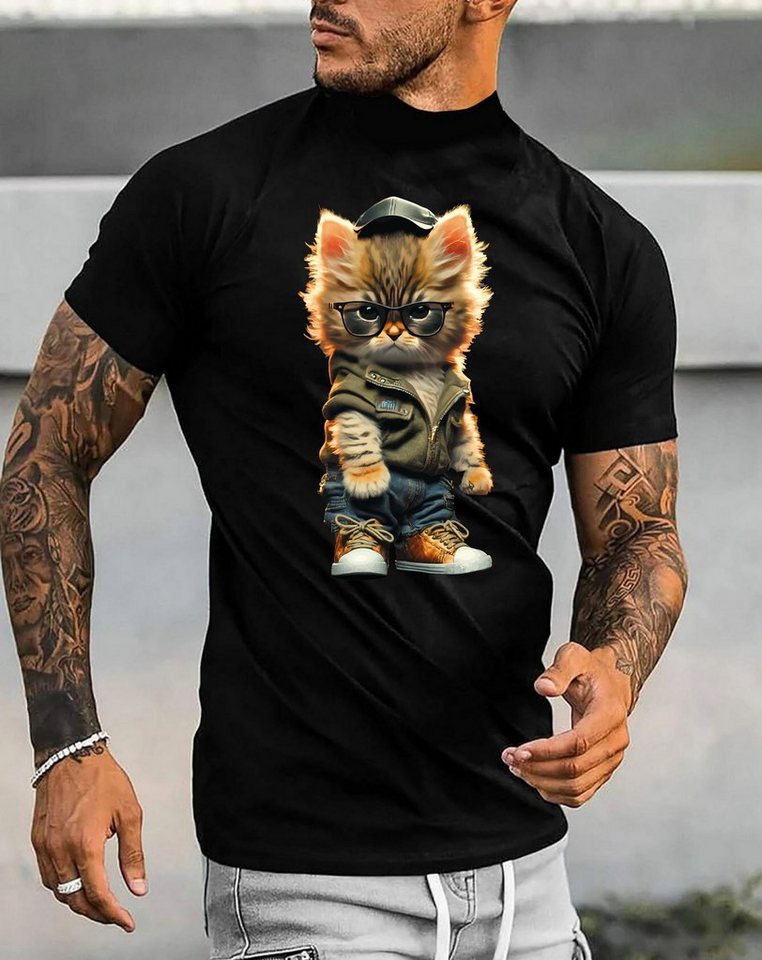 RMK T-Shirt Herren Basic Rundhals mit Gangster süße Katze Cat in Unifarbe, aus Baumwolle, Rundhalsausschnitt von RMK