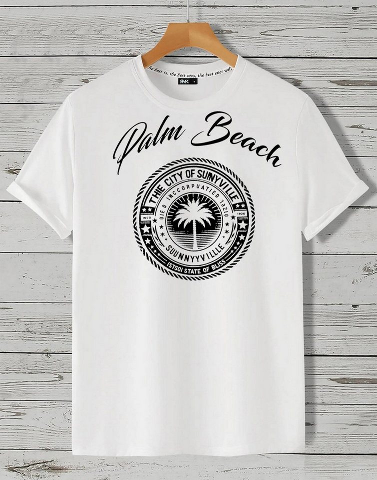RMK T-Shirt Herren Shirt Basic Rundhals mit Bedruckung Palme Palm Beach aus Baumwolle von RMK