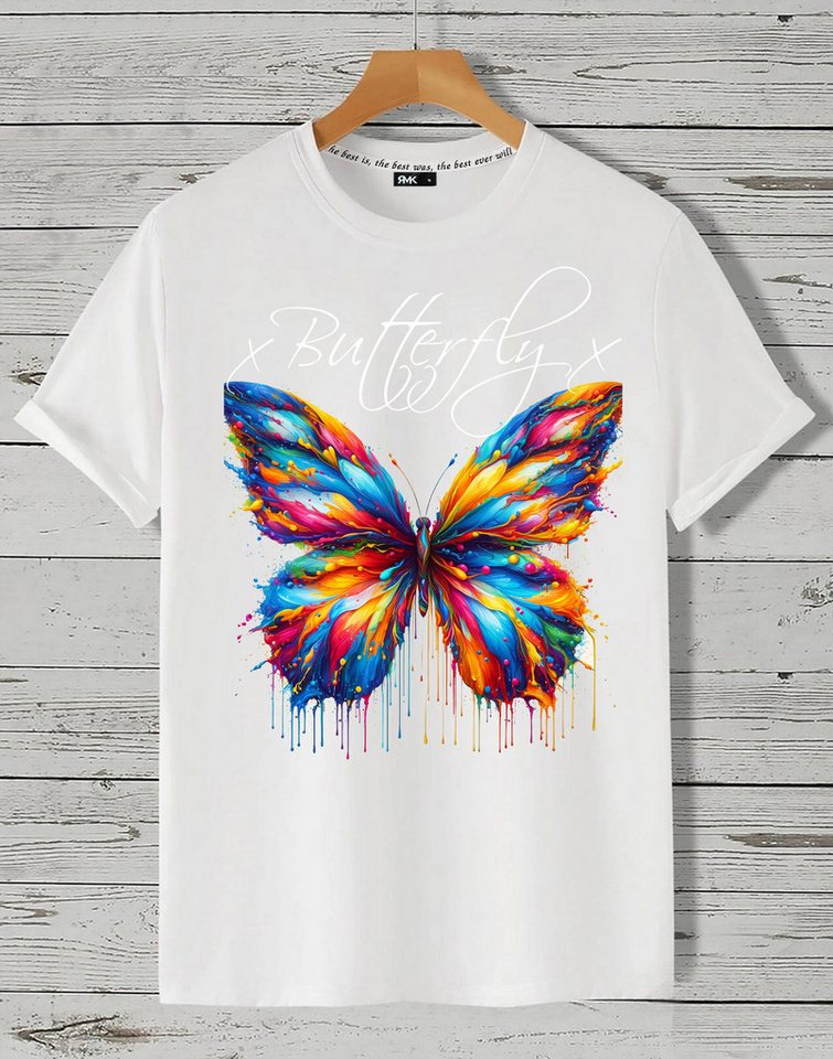 RMK T-Shirt Herren Shirt Basic Rundhals mit Butterfly Regenbogen Schmetterling von RMK