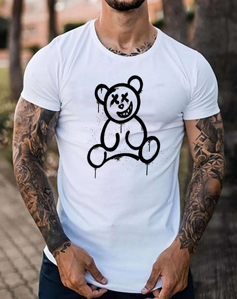 RMK T-Shirt Herren Shirt mit Bärendruck Bear Smiley in Unifarbe, aus Baumwolle, mit lizenziertem Print von RMK