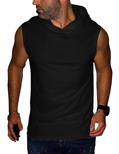 RMK T-Shirt Herren Tanktop Ärmellos Shirt mit Kapuze Achselshirt Basic Rundhals-Ausschnitt aus Baumwolle T.002 Schwarz Uni XS von RMK