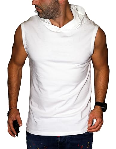 RMK T-Shirt Herren Tanktop Ärmellos Shirt mit Kapuze Achselshirt Basic Rundhals-Ausschnitt aus Baumwolle T.002 Weiß Uni S von RMK
