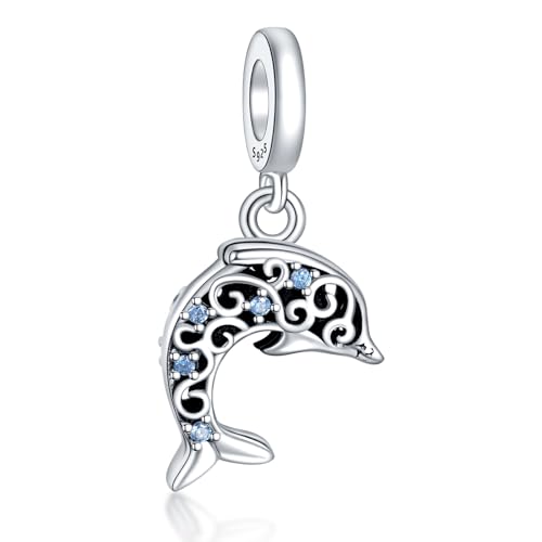 RMMY Blue Diamond Dolphin Charm Anhänger für Armband Halskette Muttertag Geschenk für Frauen,925 Sterling Silber Beads with Zirkonia Schmuck von RMMY