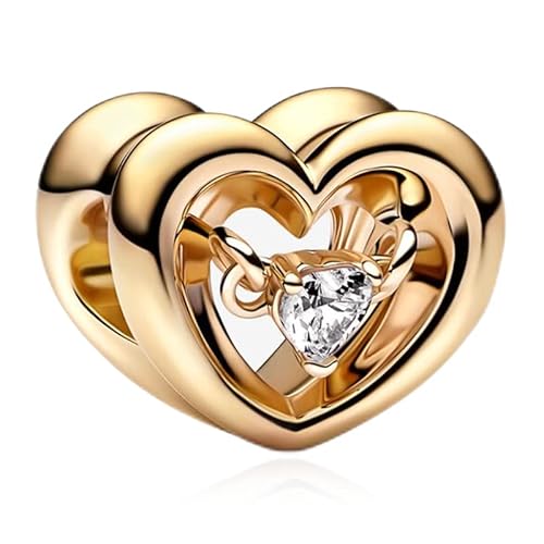 RMMY Charm Anhänger 925 Sterling Silber Gold Radiant Heart & Floating Stone Charm Bead für Armband Damen Schmuck Perfektes Birthday Muttertagsgeschenk von RMMY