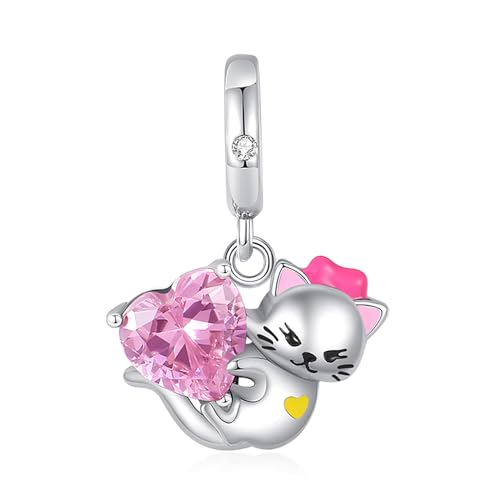 RMMY Charm Anhänger Cat with Love Charm Anhänger 925 Sterling Silver Pendant Dangle Beads für Europäische Armbänder und Halsketten,Chriatmas Birthday Jewelry Gifts for Women & Girls von RMMY