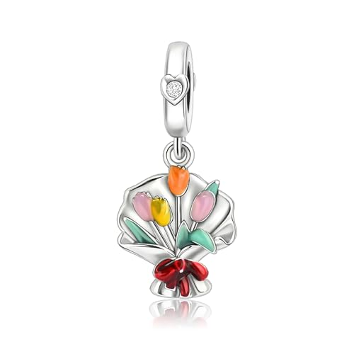 RMMY Charm Anhänger Mother Tulip Bouquet Charm Anhänger 925 Sterling Silver Pendant Dangle Beads für Europäische Armbänder und Halsketten,Chriatmas Birthday Jewelry Gifts for Women Girls von RMMY