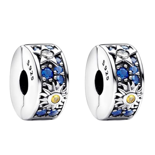 RMMY Charm Blue Gem Sun Clip Stopper Charms 2pcs Anhänger für Armband Halskette Muttertag Geschenk für Frauen 925 Sterling Silber Beads with Zirkonia Schmuck von RMMY
