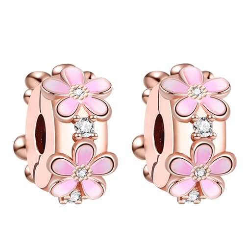 RMMY Charm Pink Daisy Clips Charms 2pcs Anhänger für Armband Halskette Muttertag Geschenk für Frauen 925 Sterling Silber Beads with Zirkonia Schmuck von RMMY