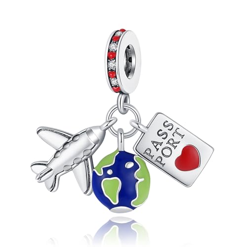 RMMY Charm Planet Earth Red Heart Passport Charm Anhänger für Armband Halskette Muttertag Geschenk für Frauen 925 Sterling Silber Beads with Zirkonia Schmuck von RMMY