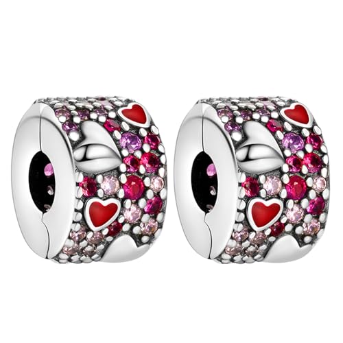 RMMY Charm Red Heart Pavé Clip Stopper Charms 2pcs Anhänger für Armband Halskette Muttertag Geschenk für Frauen 925 Sterling Silber Beads with Zirkonia Schmuck von RMMY