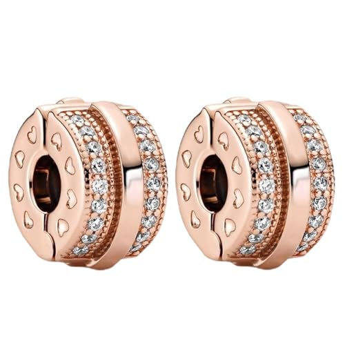 RMMY Charm Rose Gold Heart Pavé Clip Stopper Charms 2pcs Anhänger für Armband Halskette Muttertag Geschenk für Frauen 925 Sterling Silber Beads with Zirkonia Schmuck von RMMY