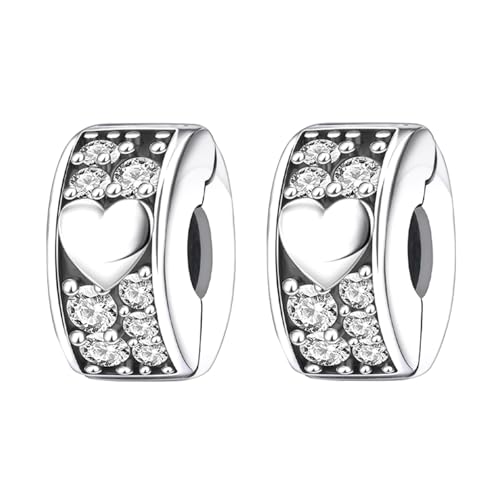 RMMY Charm Silver Heart Pavé Clip Stopper Charms 2pcs Anhänger für Armband Halskette Muttertag Geschenk für Frauen 925 Sterling Silber Beads with Zirkonia Schmuck von RMMY
