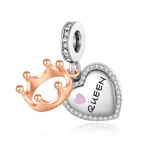 RMMY Crown Queen Heart Dangle Charm Anhänger für Armband Halskette Muttertag Geschenk für Frauen,925 Sterling Silber Beads with Zirkonia Schmuck von RMMY